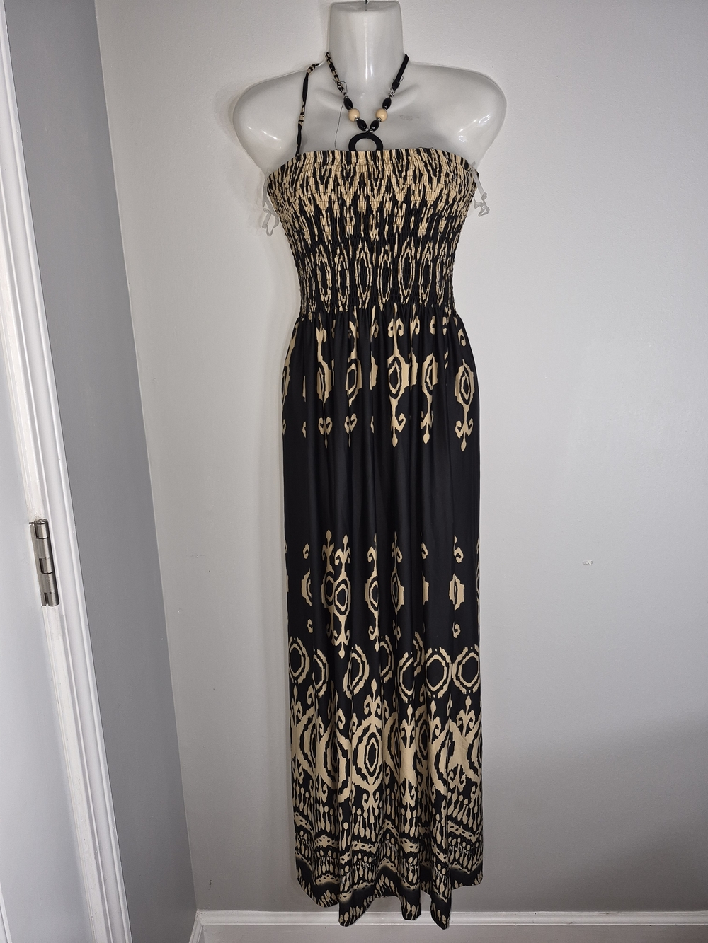 Magic Strapless Black & Beige Maxi Dress with Smocked Bodice